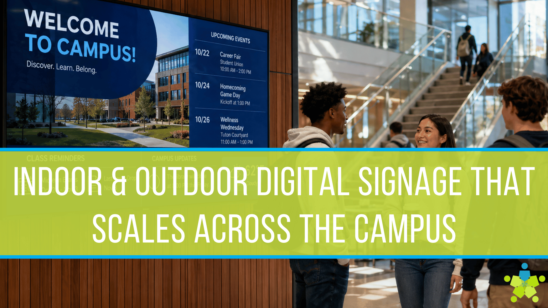 Students on college campus standing in front of a digital sign