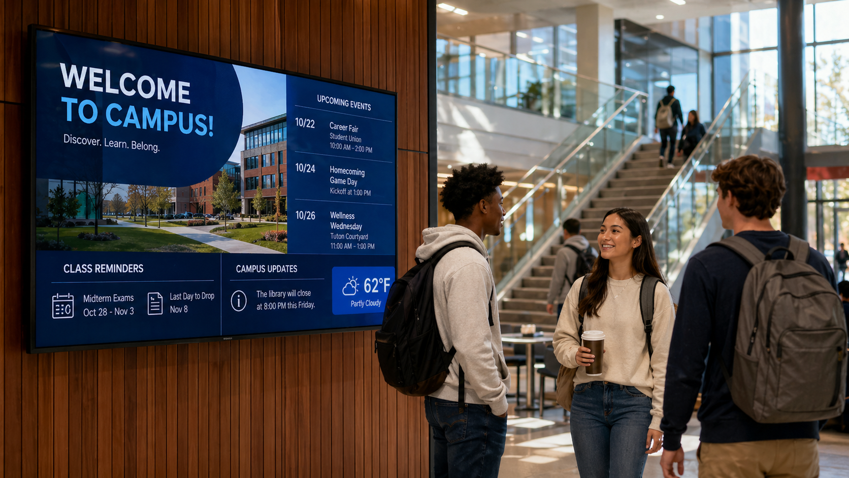 Students on college campus standing in front of a digital sign
