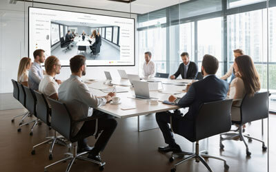 A conference room with a virtual meeting set up on the screen using Data Projections products