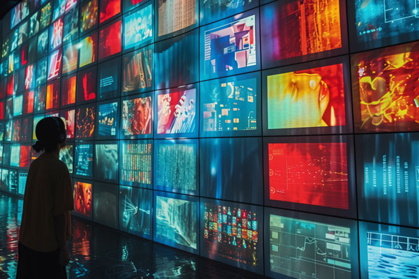 A person looking at a wall of separate neon video displays