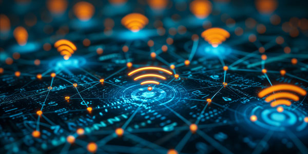 Network Data visualized graphically through blue and organge holographic icons