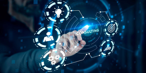 A person interacting with a holographic consulting interface