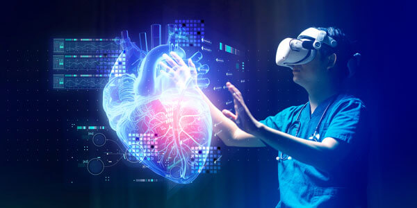 A person interacting with a virtual display of a heart through a Data Projections VR Headset