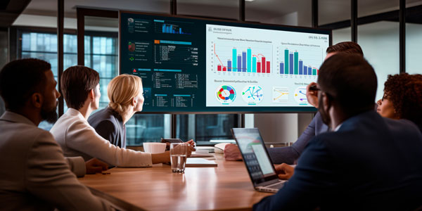 A business people sitting around a conference room table looking up a large Data Projections screen reviewing data